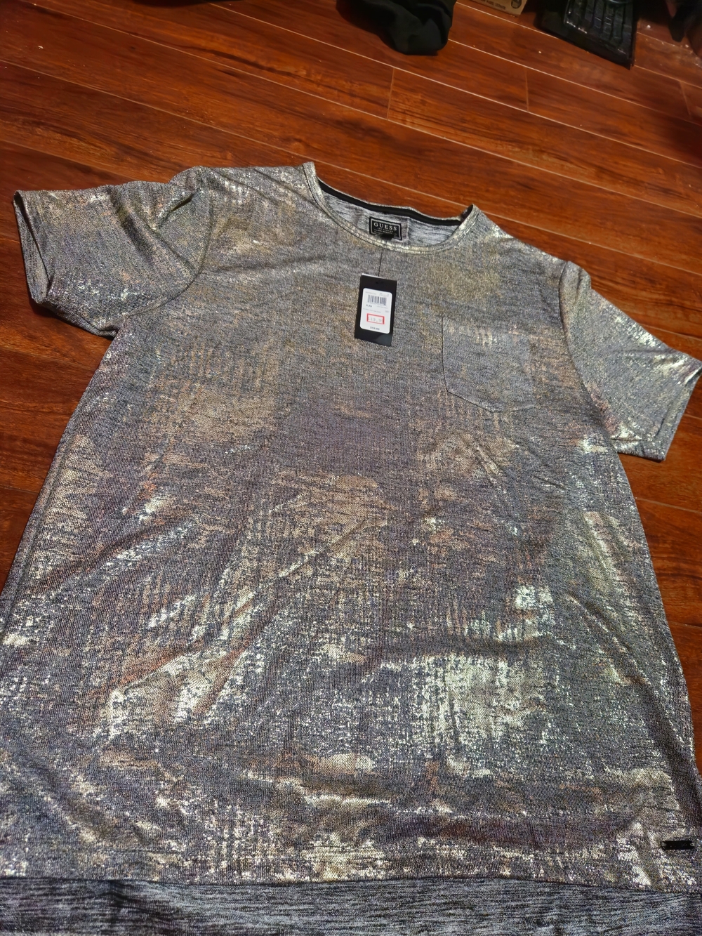 GUESS Metallic Short Sleeve Top Gray & Gold Large